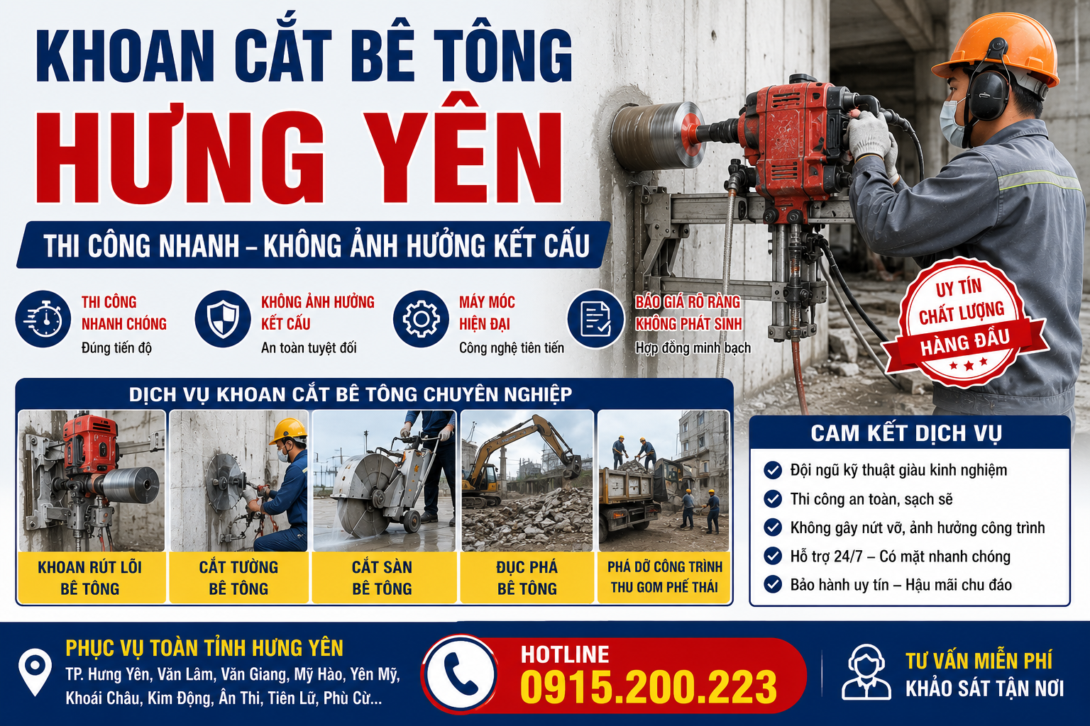 Khoan Cắt Bê Tông Hưng Yên – Thi Công Nhanh, Không Ảnh Hưởng Kết Cấu.  Hotline: 0915.200.223