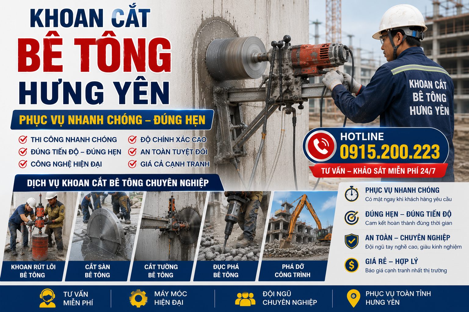 Khoan Cắt Bê Tông Hưng Yên – Phục Vụ Nhanh Chóng, Đúng Hẹn,