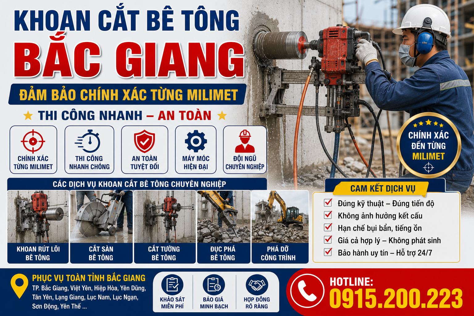 Khoan Cắt Bê Tông Bắc Giang – Đảm Bảo Chính Xác Từng Milimet, Thi Công Nhanh, An Toàn