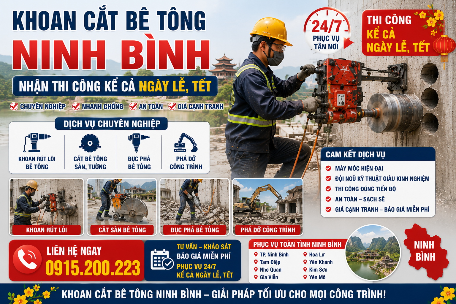 Khoan Cắt Bê Tông Ninh Bình – Nhận Thi Công Kể Cả Ngày Lễ, Tết Hotline: 0915.200.223