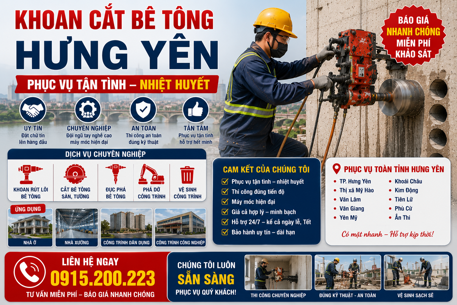 Khoan Cắt Bê Tông Hưng Yên – Phục Vụ Tận Tình – Nhiệt Huyết Hotline: 0915.200.223