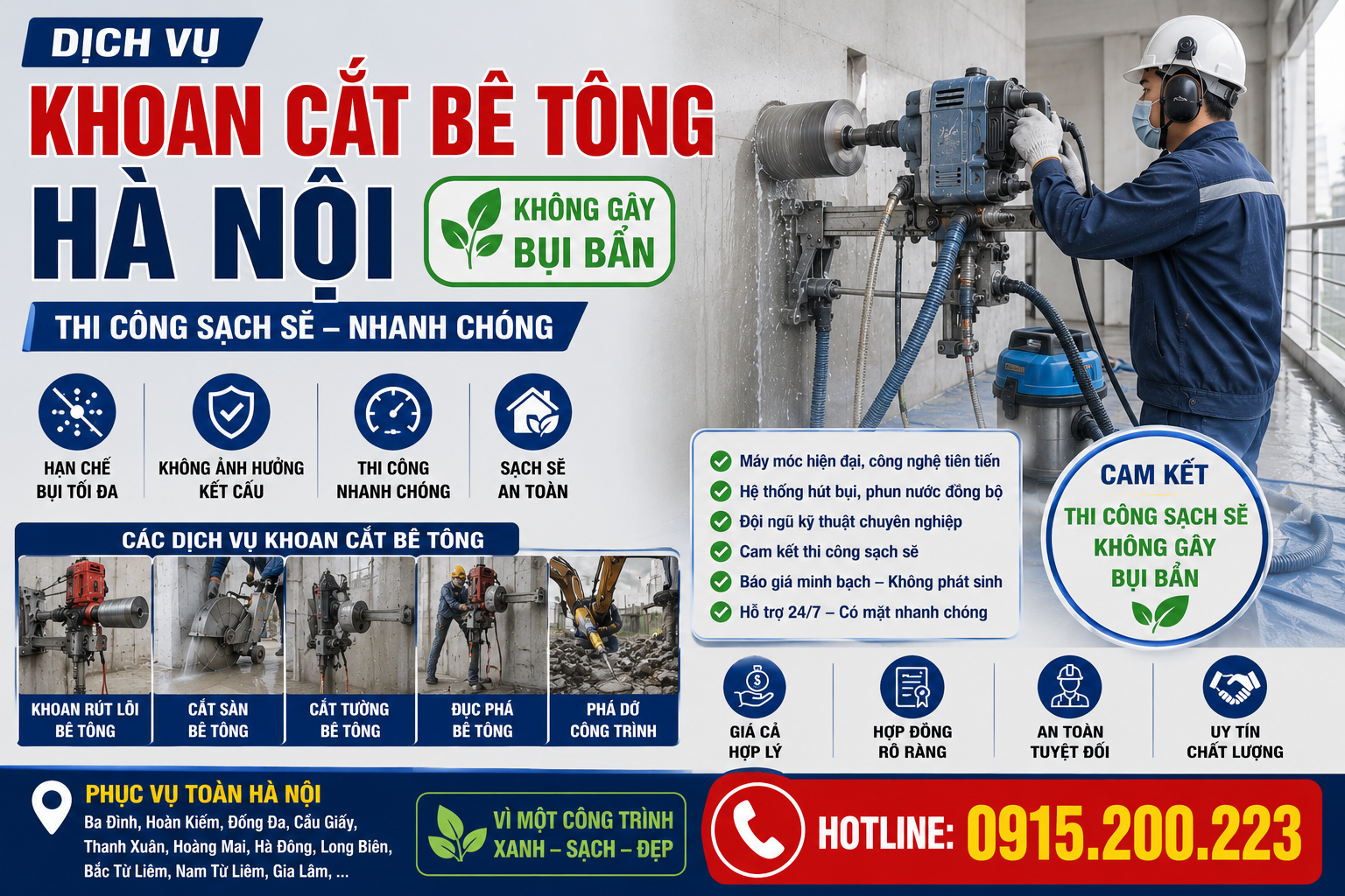 Dịch Vụ Khoan Cắt Bê Tông Hà Nội Không Gây Bụi Bẩn – Thi Công Sạch Sẽ, Nhanh Chóng