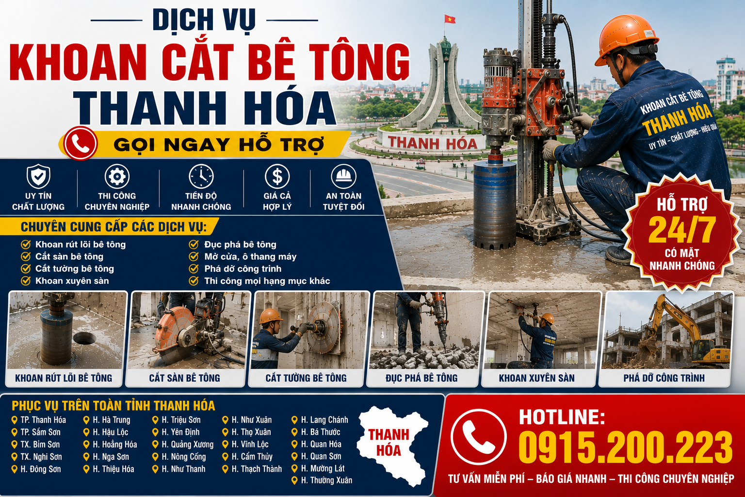 Dịch vụ khoan cắt bê tông Thanh Hóa – Gọi ngay hỗ trợ, Hotline: 0915.200.223