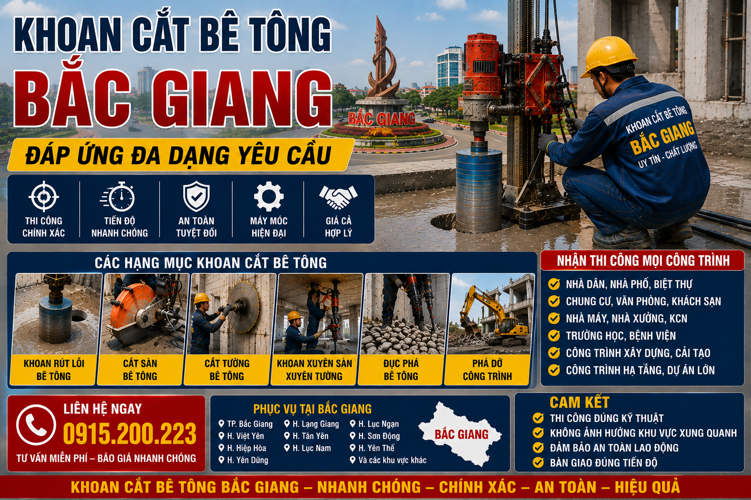 Khoan Cắt Bê Tông Bắc Giang – Đáp Ứng Đa Dạng Yêu Cầu, Hotline: 0915.200.223
