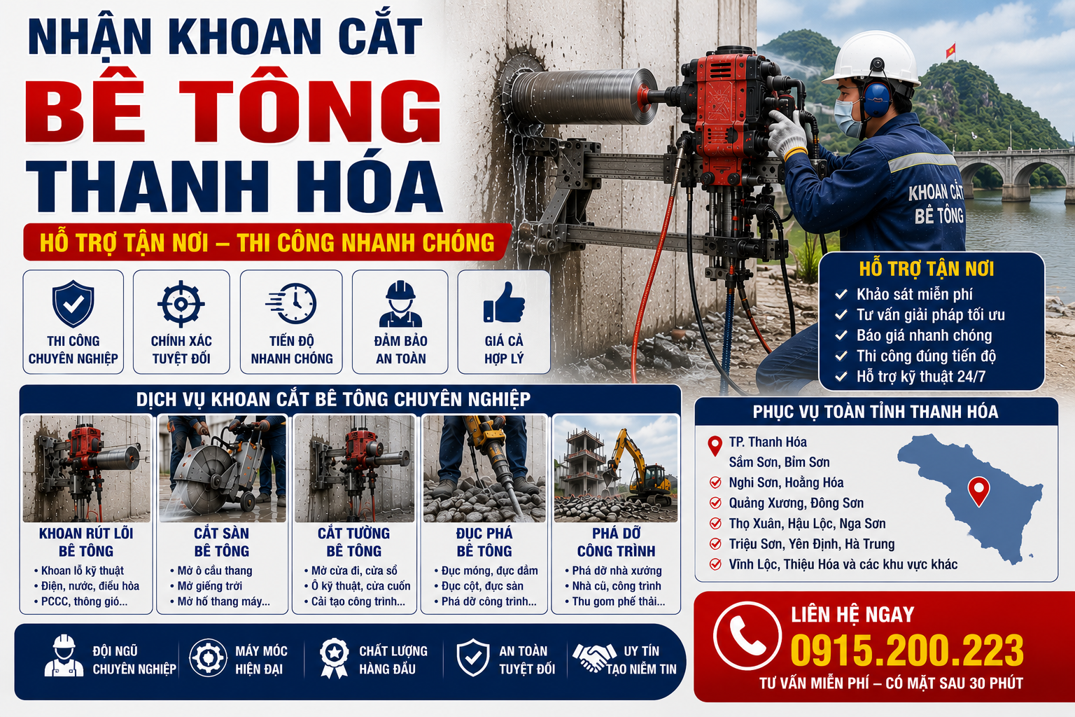Nhận Khoan Cắt Bê Tông Thanh Hóa – Hỗ Trợ Tận Nơi, Thi Công Nhanh Chóng