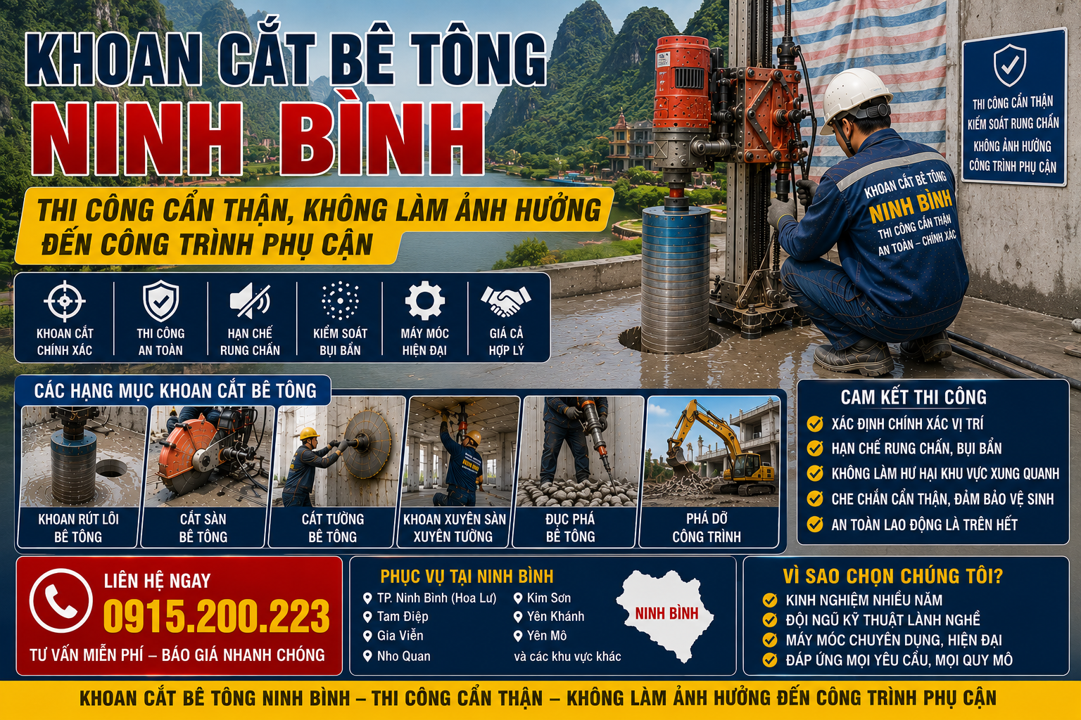 Khoan Cắt Bê Tông Ninh Bình – Thi Công, Không Làm Ảnh Hưởng Đến Công Trình Phụ Cận