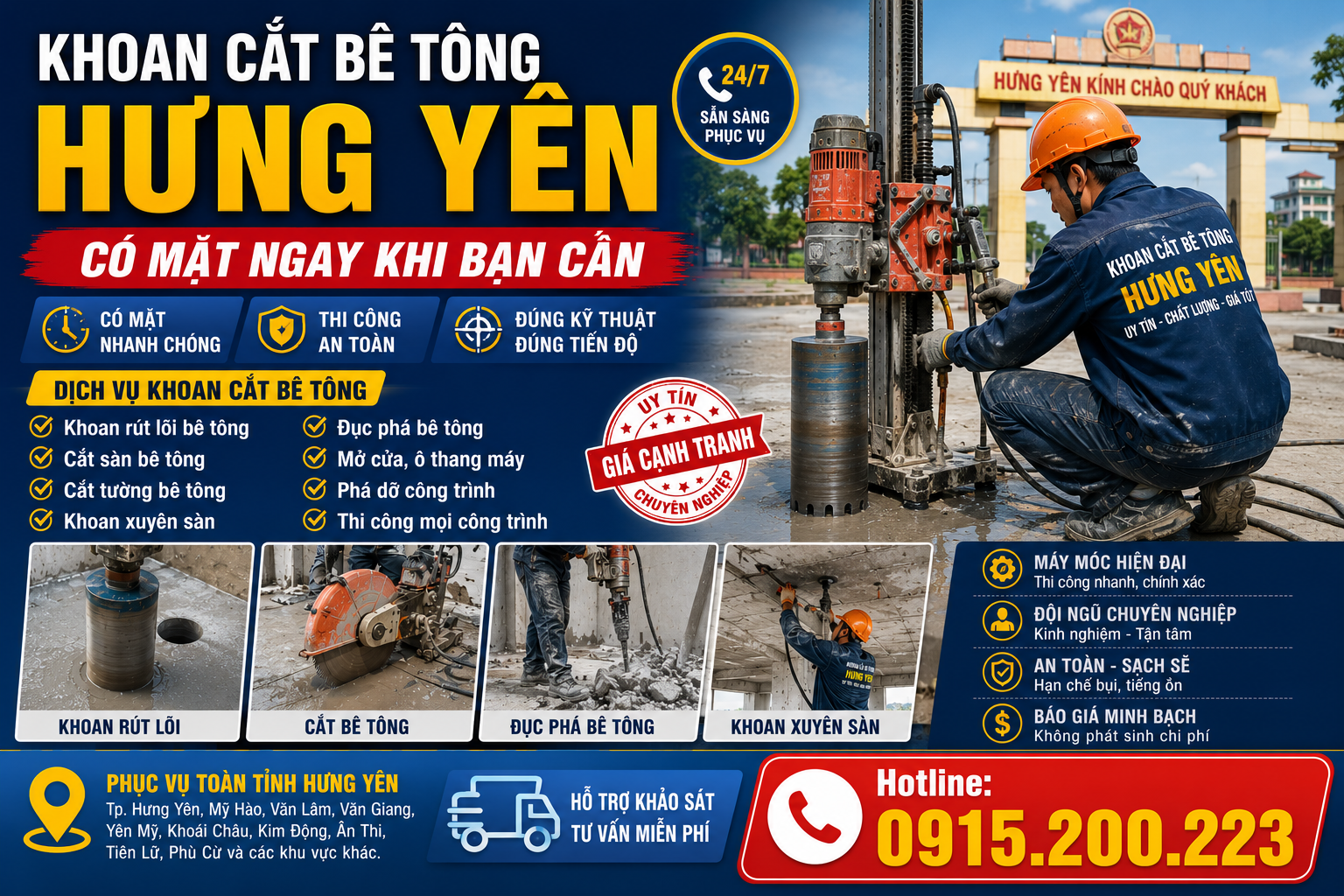 Khoan cắt bê tông Hưng Yên – Có mặt ngay khi bạn cần, Hotline: 0915.200.223 