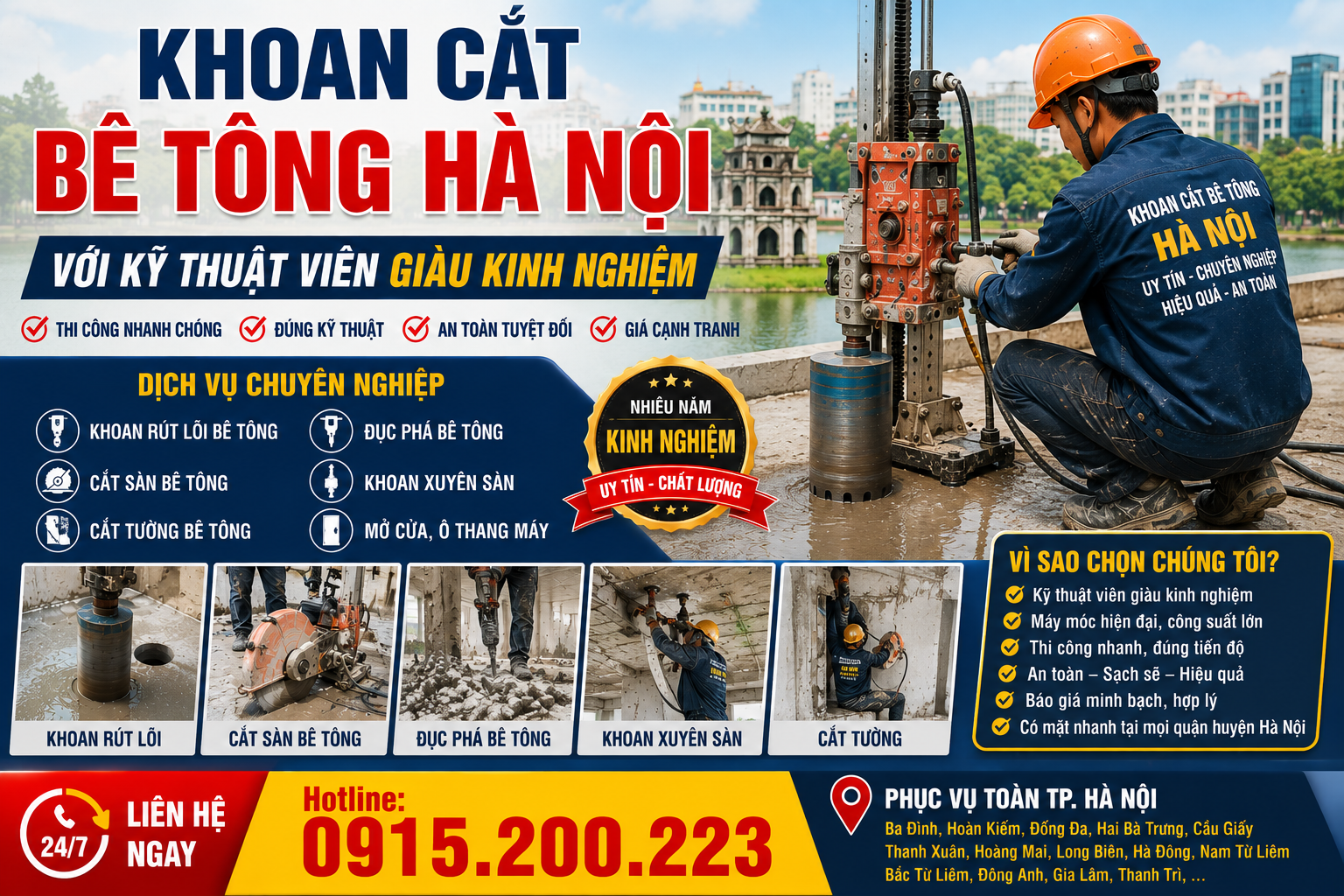 Khoan cắt bê tông Hà Nội với kỹ thuật viên giàu kinh nghiệm Hotline: 0915.200.223