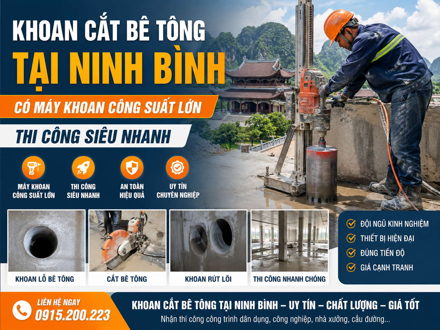 Khoan Cắt Bê Tông Tại Ninh Bình – Có Máy Khoan Công Suất Lớn, Thi Công Siêu Nhanh