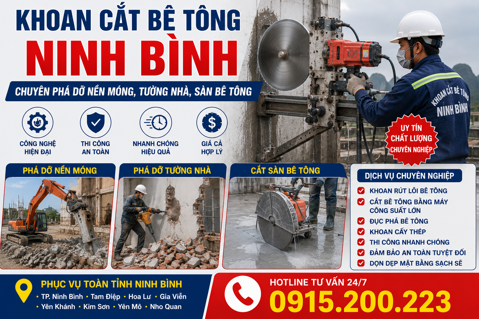 Khoan Cắt Bê Tông Ninh Bình – Chuyên Phá Dỡ Nền Móng, Tường Nhà, Sàn Bê Tông