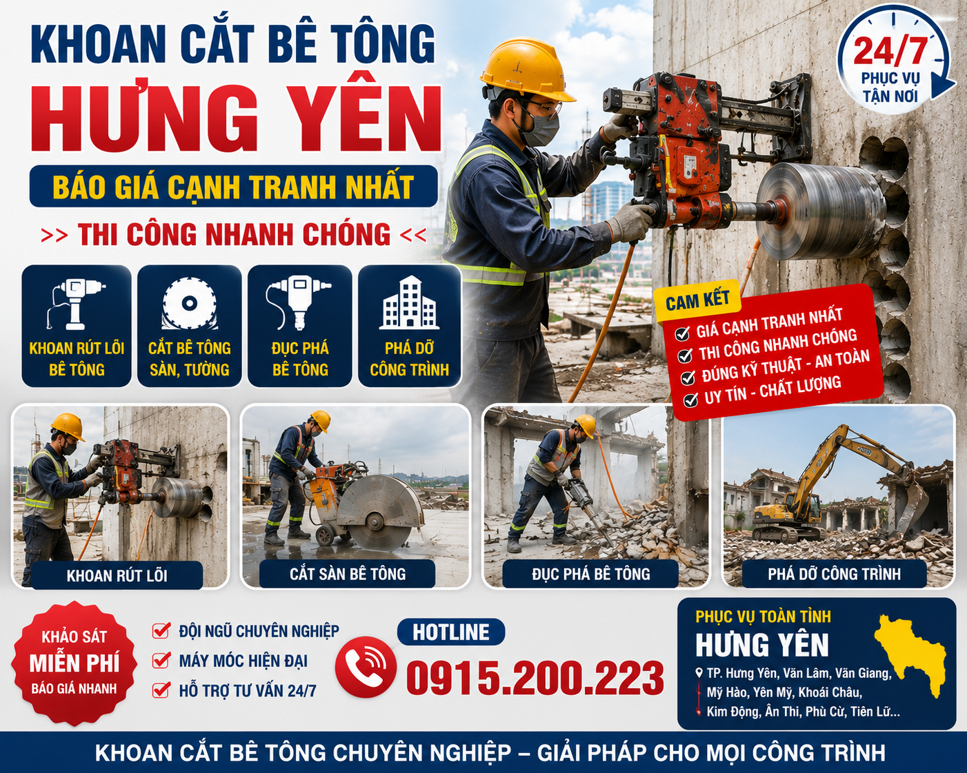 Khoan Cắt Bê Tông Hưng Yên – Báo Giá Cạnh Tranh Nhất, Thi Công Nhanh Chóng
