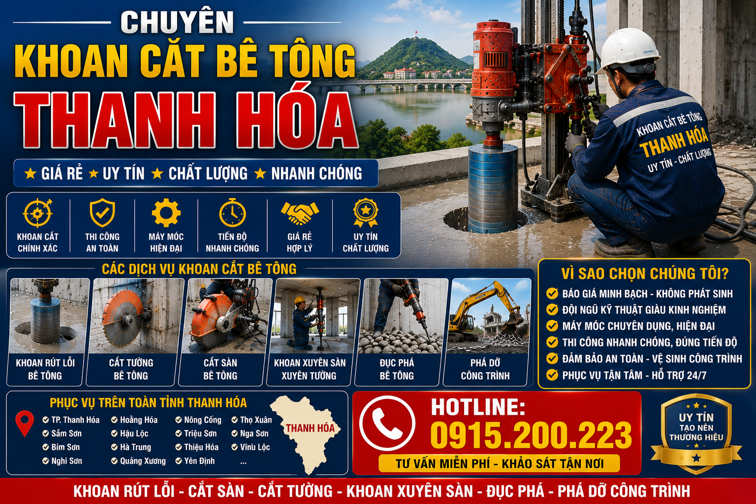 Chuyên Khoan Cắt Bê Tông Thanh Hóa – Giá Rẻ, Uy Tín, Hotline: 0915.200.223