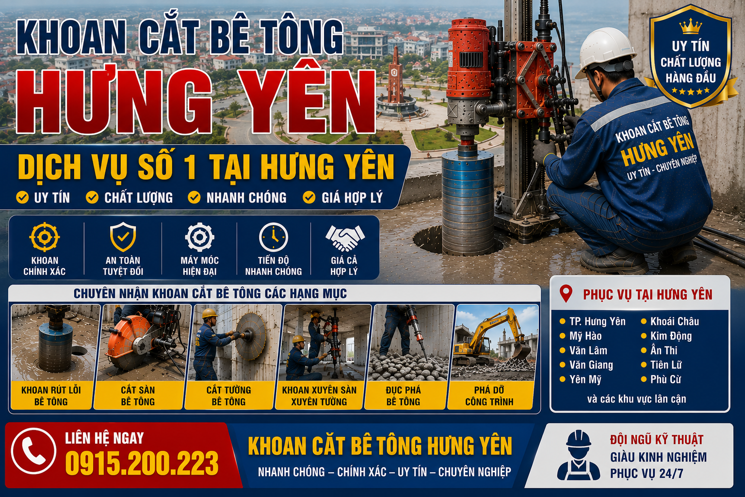 Khoan Cắt Bê Tông Hưng Yên – Dịch Vụ Số 1 Tại Hưng Yên, Hotline: 0915.200.223