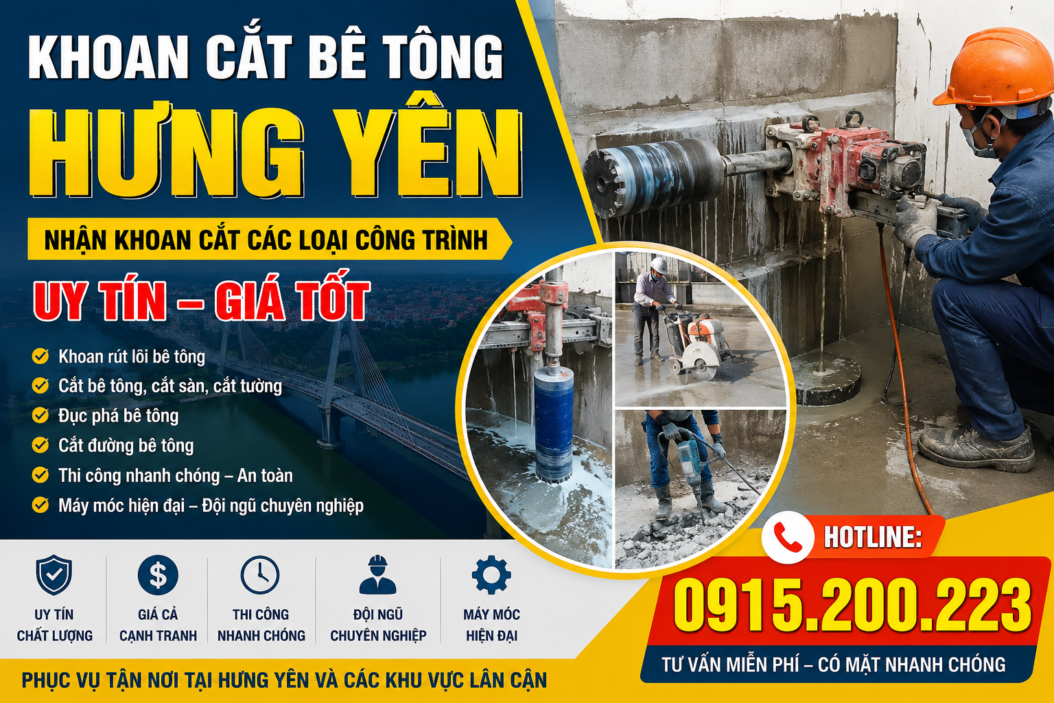 Khoan Cắt Bê Tông Hưng Yên – Nhận Khoan Cắt Các Loại Công Trình Uy Tín, Giá Tốt,