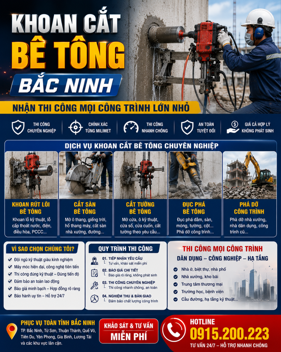 Khoan Cắt Bê Tông Bắc Ninh – Nhận Thi Công Mọi Công Trình Lớn Nhỏ
