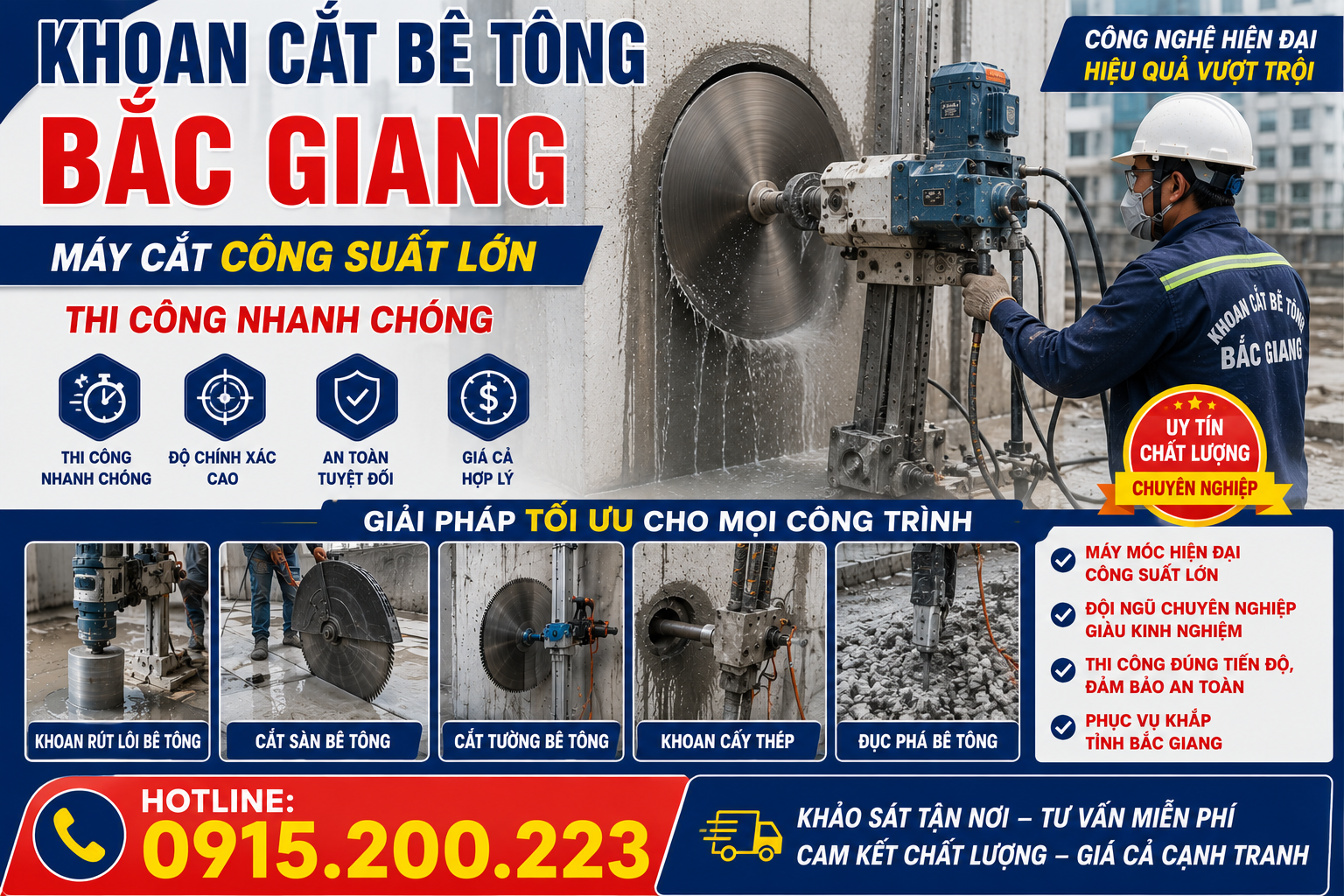 Khoan Cắt Bê Tông Bắc Giang – Máy Cắt Công Suất Lớn, Thi Công Nhanh Chóng,
